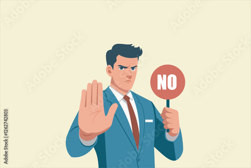Stop sign and rejection concept. Young serious man standing with red sign stop in hands and showing his palm with refusing emotion.