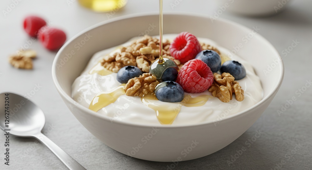Pouring Honey on Yogurt with Berries and Walnuts in Bowl