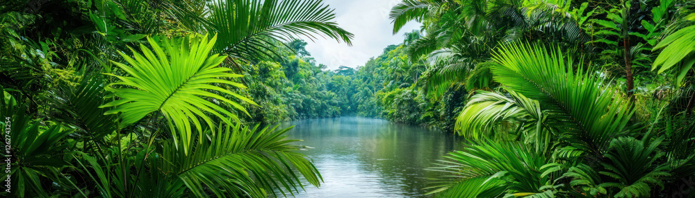 Lush riverbank surrounded by vibrant greenery and tranquil water, creating serene atmosphere Lush riverbank surrounded by vibrant greenery and tranquil water, creating serene atmosphere