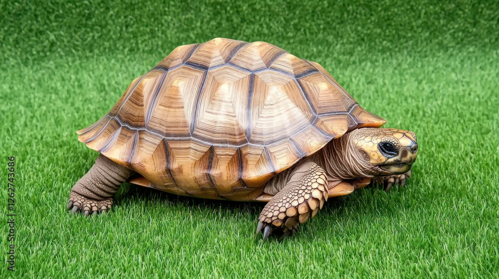 tortoise walking on green grass, showcasing its unique shell patterns and textures tortoise walking on green grass, showcasing its unique shell patterns and textures