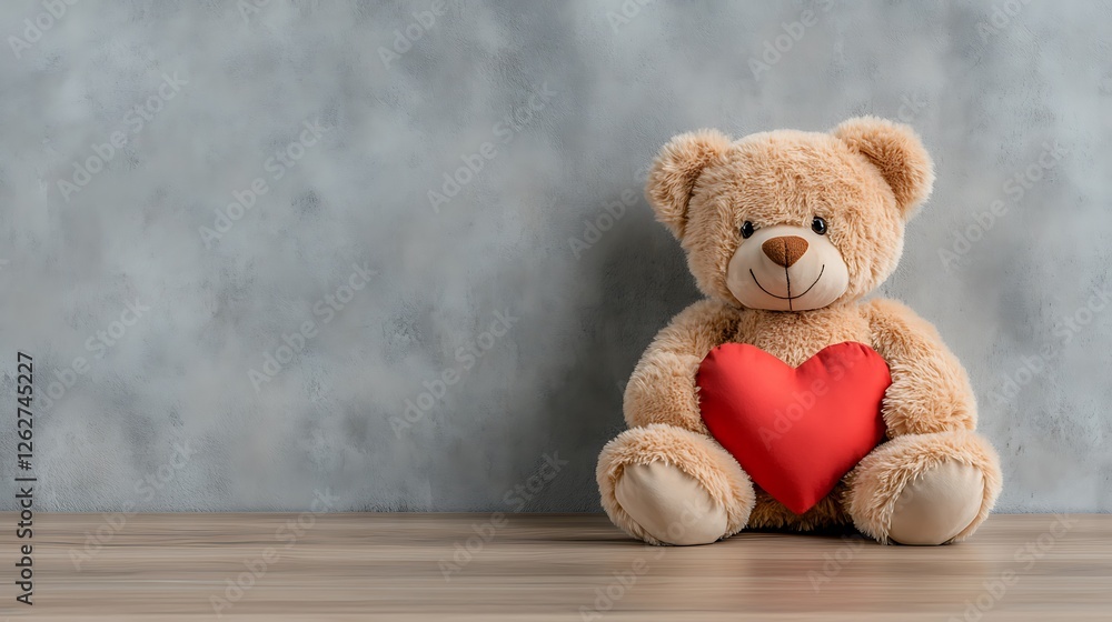 Obraz premium Teddy bear holding heart indoor setting toy photography cozy atmosphere close-up love symbol