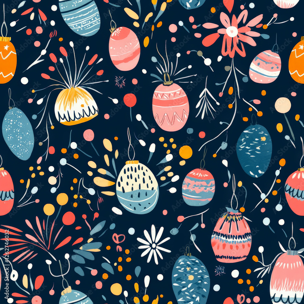 Fototapeta premium A whimsical seasonal festival pattern with Easter eggs, summer fireworks, autumn harvest, and Christmas lights