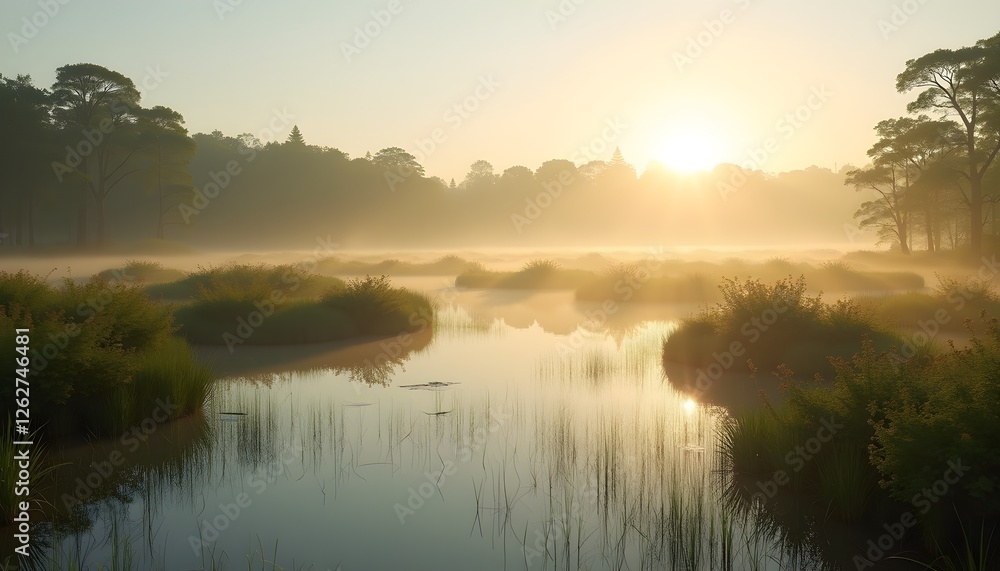 Fototapeta premium Serene wetland landscape at sunrise with mist over water