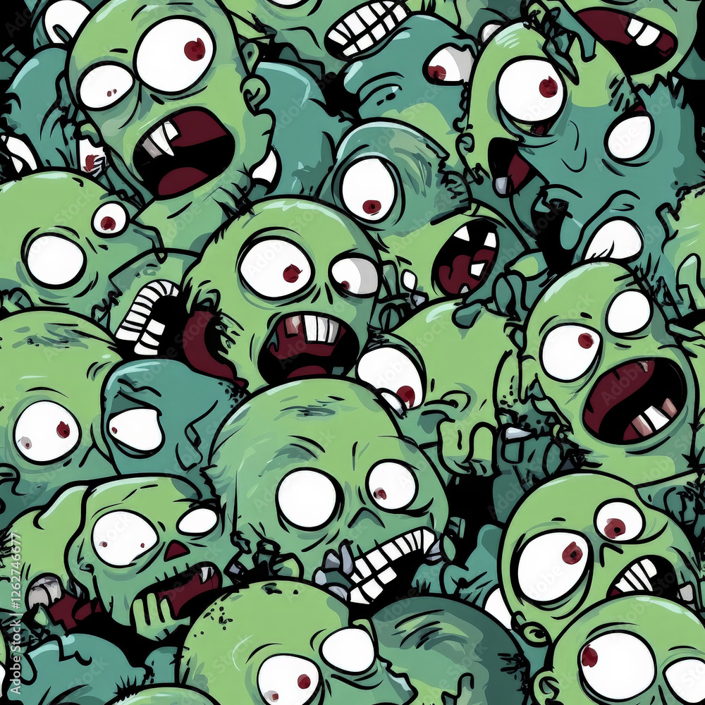 Fototapeta premium A cartoon zombie pattern with cute and silly green-skinned zombies peeking from the corners