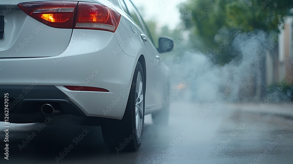 Obraz premium Urban vehicle emissions close-up photography in a foggy environment for pollution awareness