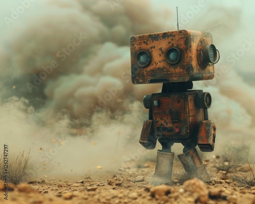 Rustic Vintage robot explores post-apocalyptic landscape. Captures resilience sci-fi themes for futurists and dystopian art lovers photo