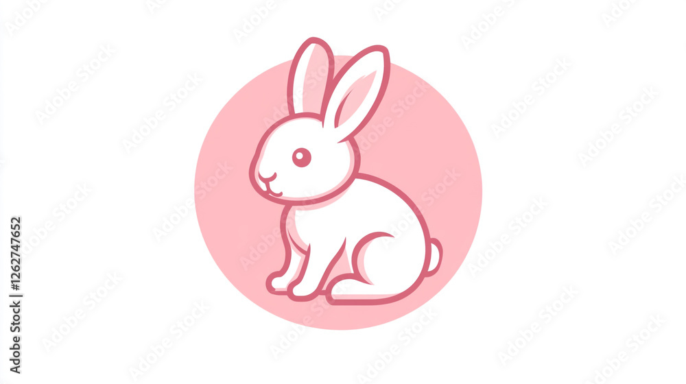 Fototapeta premium Adorable White Rabbit Pink Circle Cute Bunny Illustration Design Graphic Art Pet Soft Logo Icon Hare