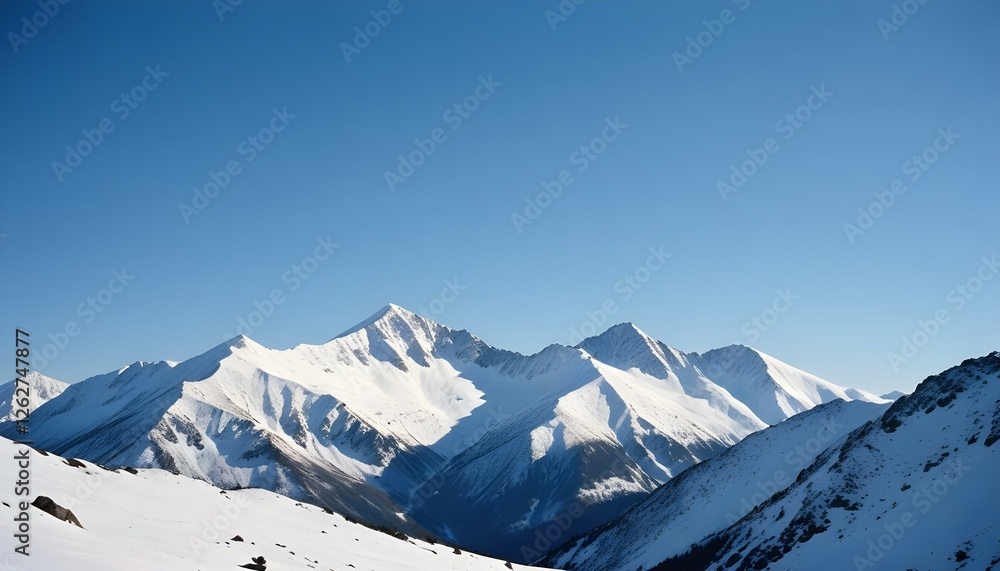 Obraz premium Snow covered mountain peaks under clear blue sky with sharp ridges and shadows
