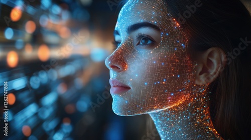 Woman looking at glowing data city background