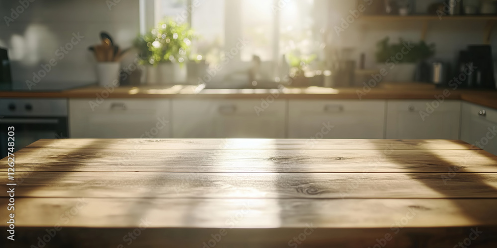 Empty wooden table with the bright interior of the kitchen as a blurred background behind the bokeh golden sunshine. Empty wooden table with the bright interior of the kitchen as a blurred background behind the bokeh golden sunshine.