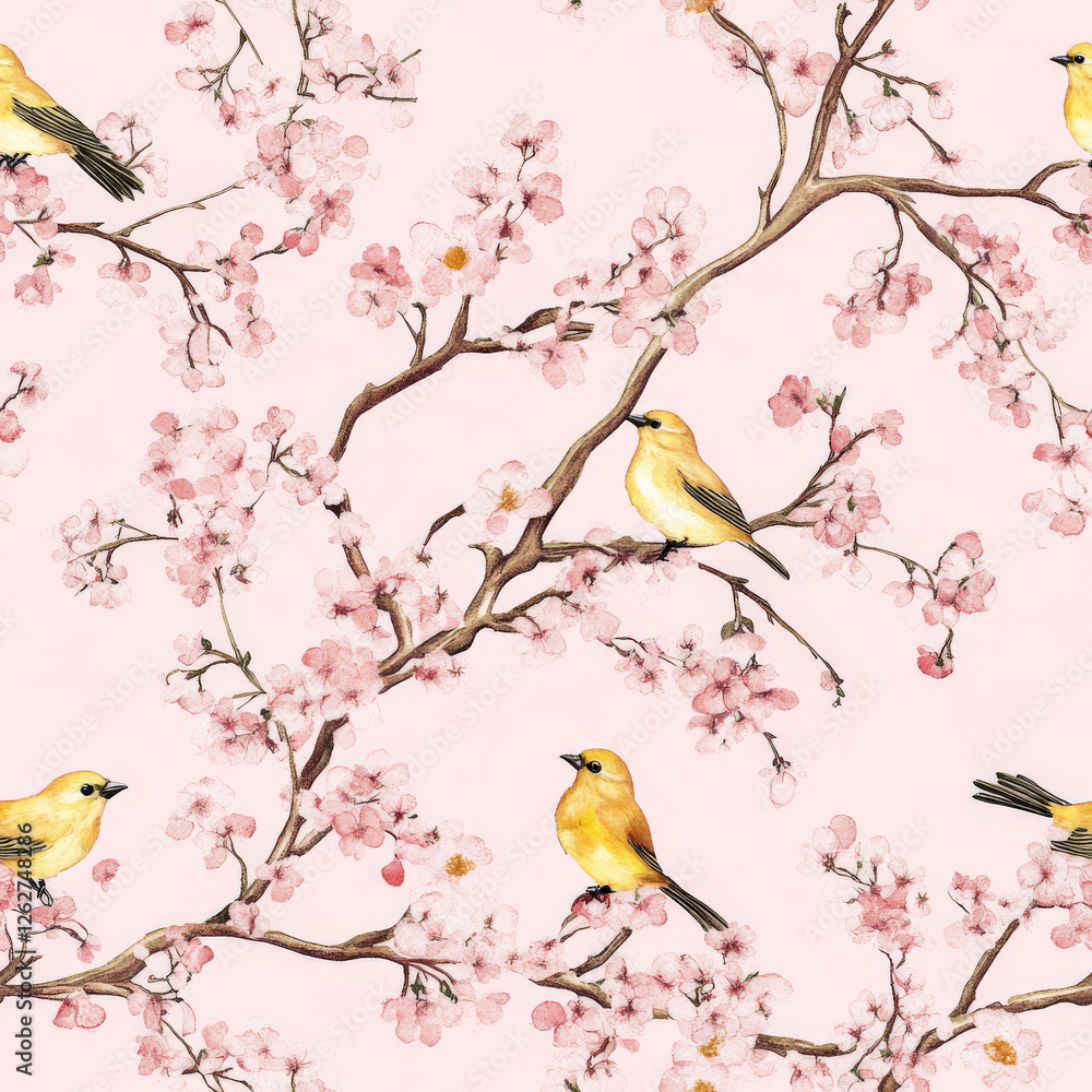 A dreamy cherry blossom branch pattern with golden birds perched on delicate pink flowers A dreamy cherry blossom branch pattern with golden birds perched on delicate pink flowers