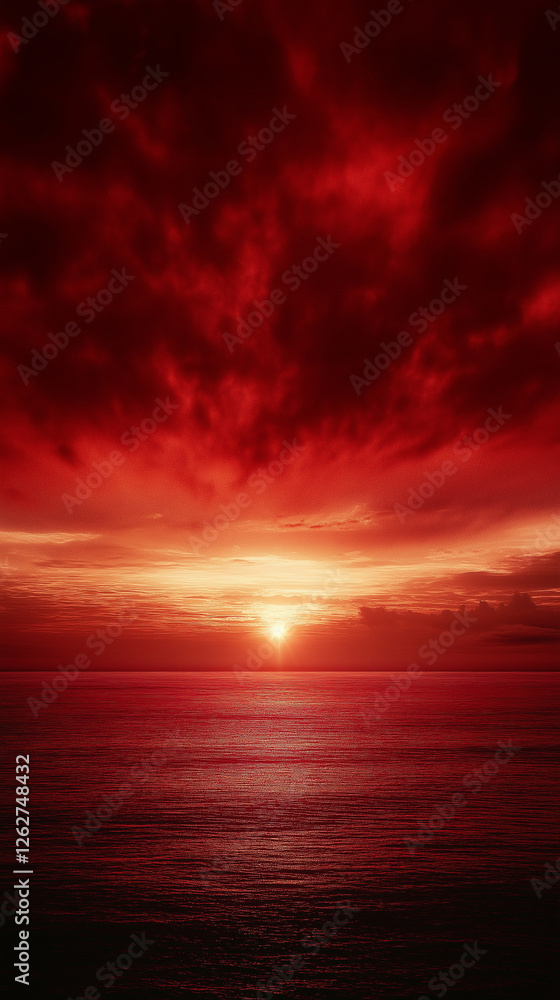 Dramatic sunset over ocean with vibrant red and orange hues reflecting on water surface Dramatic sunset over ocean with vibrant red and orange hues reflecting on water surface