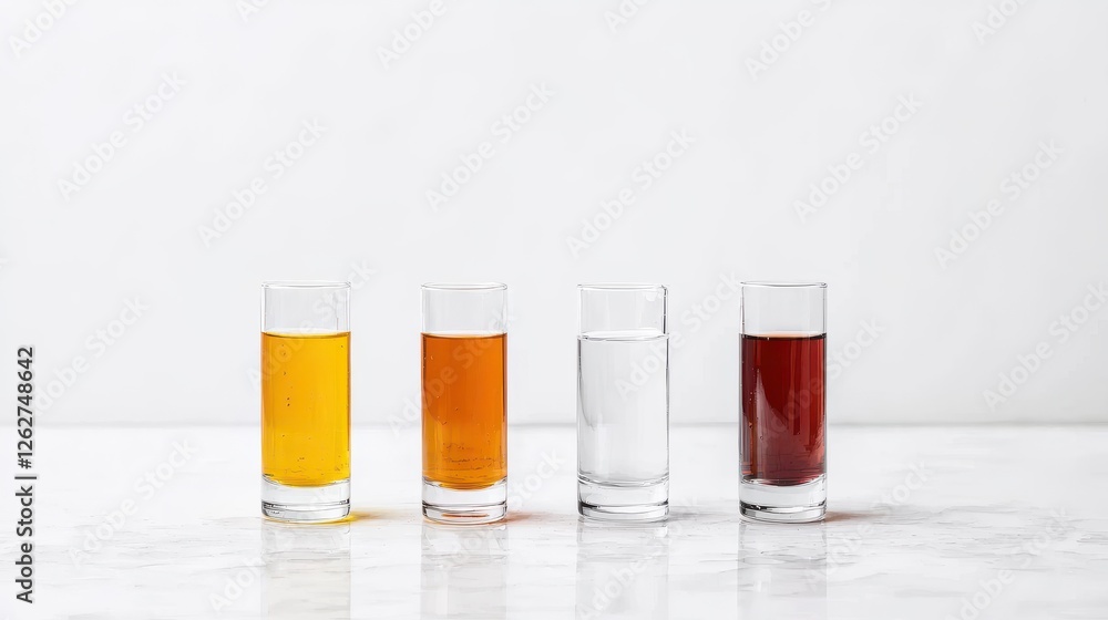Four Colorful Drinks in Glassware on Marble Four Colorful Drinks in Glassware on Marble