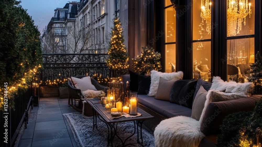 Obraz premium Outdoor decorated patio at dusk presents cozy holiday ambiance