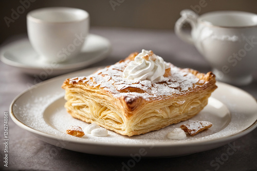 Delicate puff pastry dessert topped with whipped cream and powdered sugar. Elegant treat for food blogs and bakery projects photo