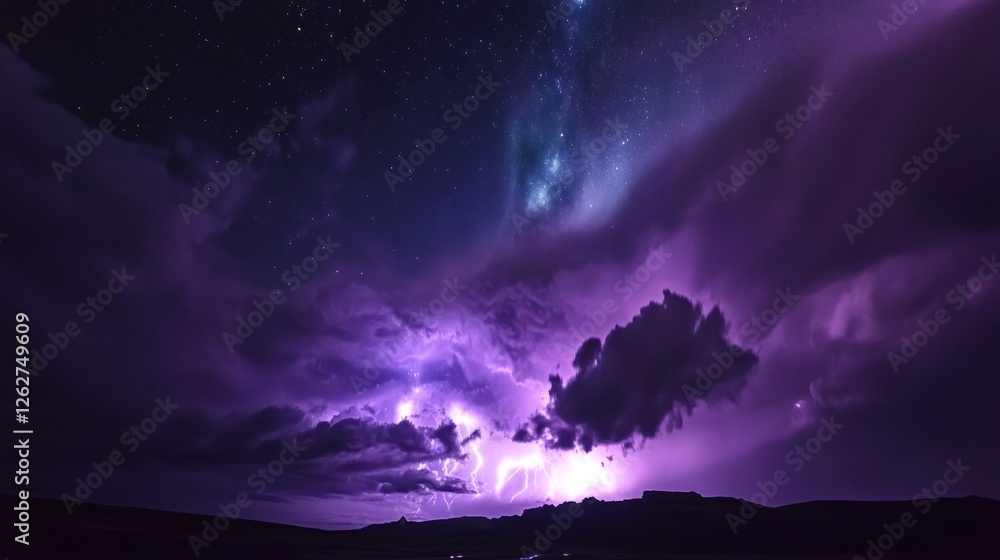 Obraz premium Night Storm: A Celestial Dance of Lightning and Stars
