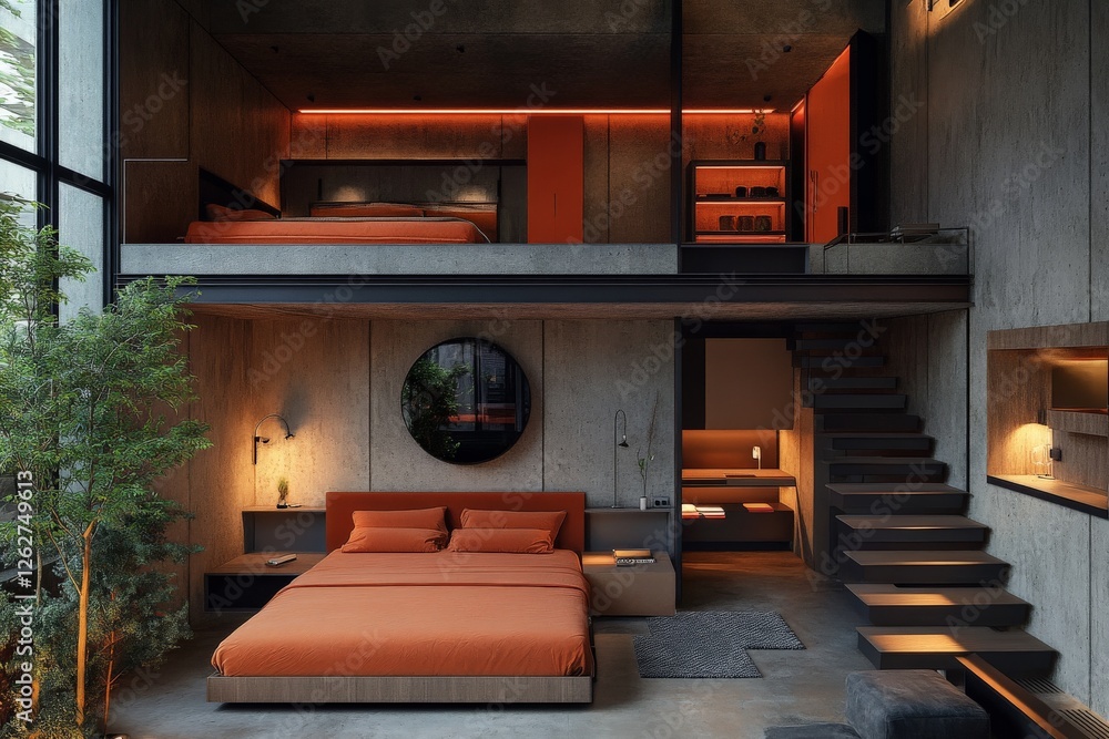 Fototapeta premium Modern loft bedroom with minimalist design and natural lighting in a stylish urban setting