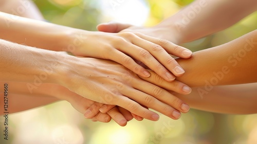 Close-up of multiple hands stacked together in an outdoor setting, symbolizing unity, teamwork, friendship, and support. Concept of collaboration and mutual trust in a community... photo