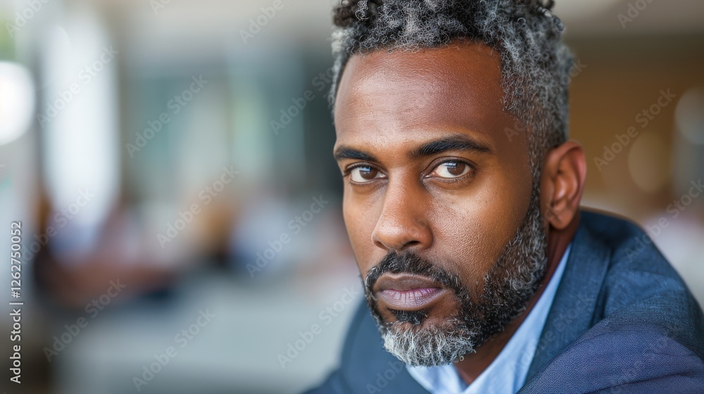 Mature African American man with gray curly hair and beard wearing navy blue blazer looking serious indoors with blurred background showing modern office setting.. Mature African American man with gray curly hair and beard wearing navy blue blazer looking serious indoors with blurred background showing modern office setting..