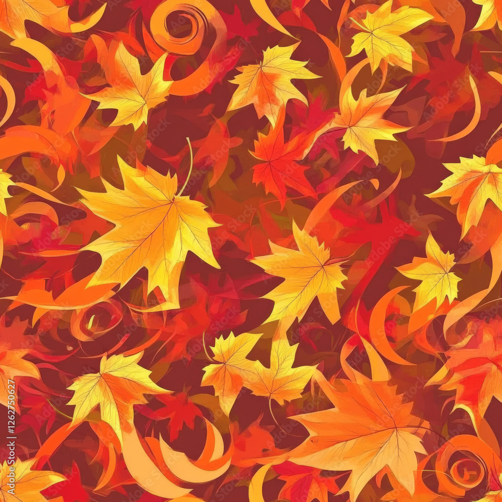 A warm autumn foliage pattern with swirling red, orange, and yellow maple leaves A warm autumn foliage pattern with swirling red, orange, and yellow maple leaves