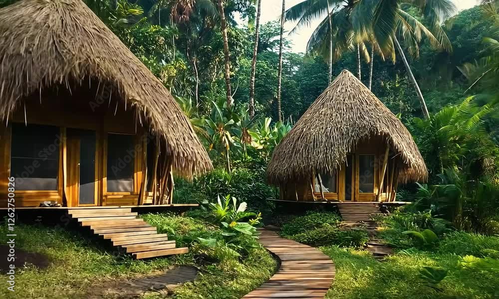 Tropical Forest with Two Charming Straw Houses and a Serene Path Tropical Forest with Two Charming Straw Houses and a Serene Path
