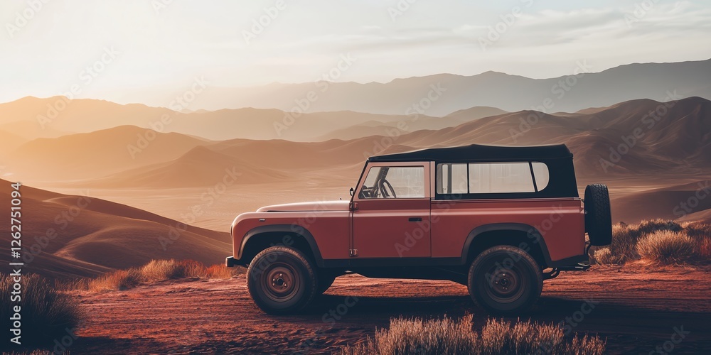 Fototapeta premium A rugged red off-road vehicle with a black soft top is parked on sandy dunes, surrounded by the vast beauty of a desert landscape.