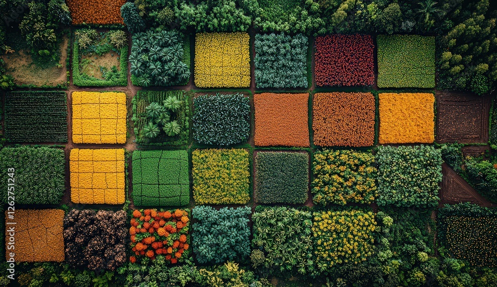 Φωτογραφία Aerial view of colorful farmland with large squares in yellow, orange, and green
