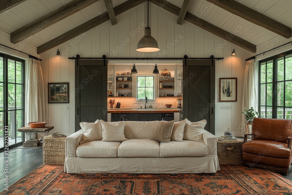 Fototapeta premium Cozy living room with natural light, rustic decor, and a welcoming atmosphere brings tranquility and warmth to the home