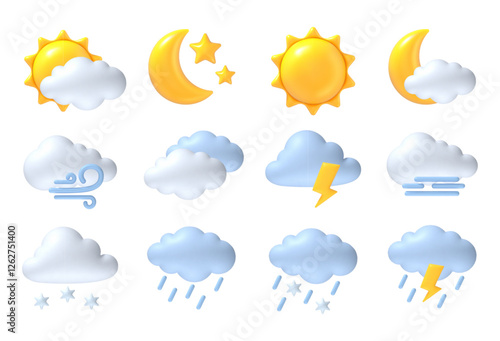 3d weather icons. Sun, moon and cloud, rain and wind, thunderstorm and fog, snow meteorological symbols for app. Sunny, rainy and windy, thunderstorm and snowy, foggy weather. Vector set.