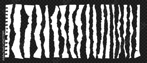 Torn paper edge. Realistic torn papers strips with ripped edges. White ripped paper sheets for video transition effects. Vector isolated set on transparent background.