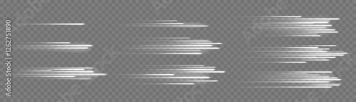 Glowing speed lines. High speed white line motion effect, light rays fast movement with blur. Shiny dynamic sparkles tail trace. Horizontal light streaks vector isolated set.