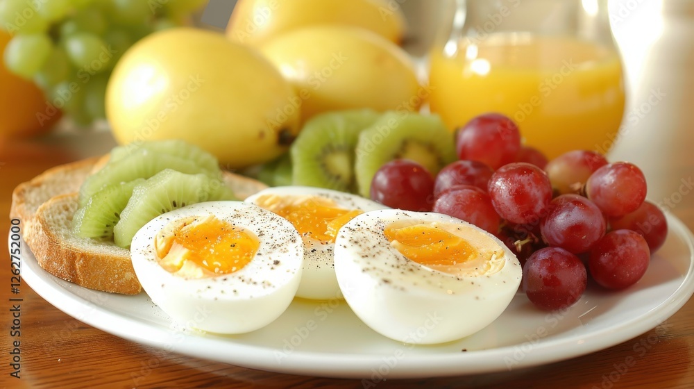 Plate featuring boiled eggs, kiwi slices, red grapes, and whole wheat bread, arranged with bright fruits in the background, presenting a vibrant and healthy breakfast concept... Plate featuring boiled eggs, kiwi slices, red grapes, and whole wheat bread, arranged with bright fruits in the background, presenting a vibrant and healthy breakfast concept...