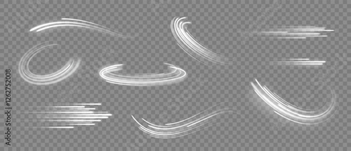 Glowing lines. Speed effect curved and straight lines and tornado wind swirl, white light trails. Abstract magic sparkles, dynamic motion traces with glow. Vector isolated set.