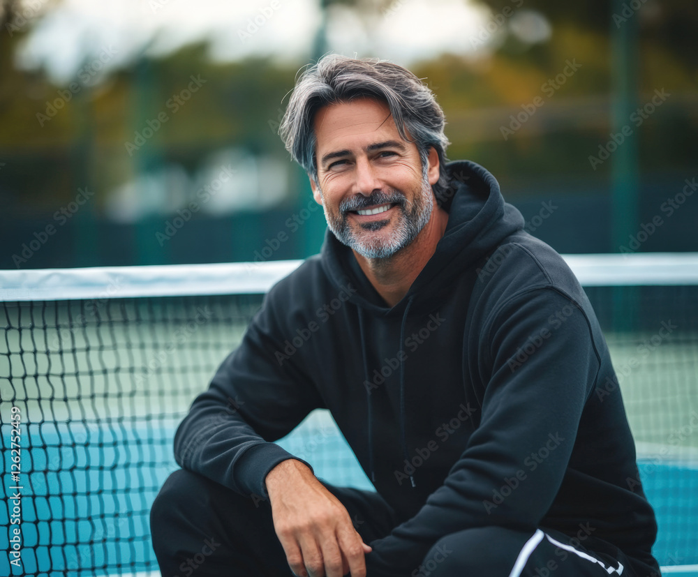Fototapeta premium a 40 year old man sitting on a pickleball court in a black hoodie, slight smile on his face 