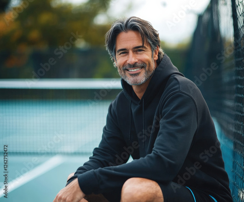 a 40 year old man sitting on a pickleball court in a black hoodie, slight smile on his face