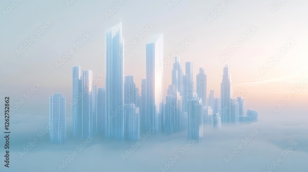 Futuristic city skyline emerging from ethereal mist at dawn. Futuristic city skyline emerging from ethereal mist at dawn.