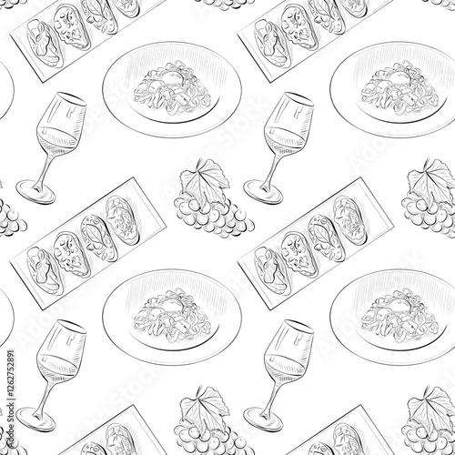 vector seamless pattern line art elements - food, pasta, wine, grapes, bruschetta