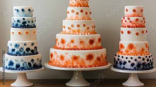 Colorful tiered wedding cakes displayed on stands in a light-filled shop photo