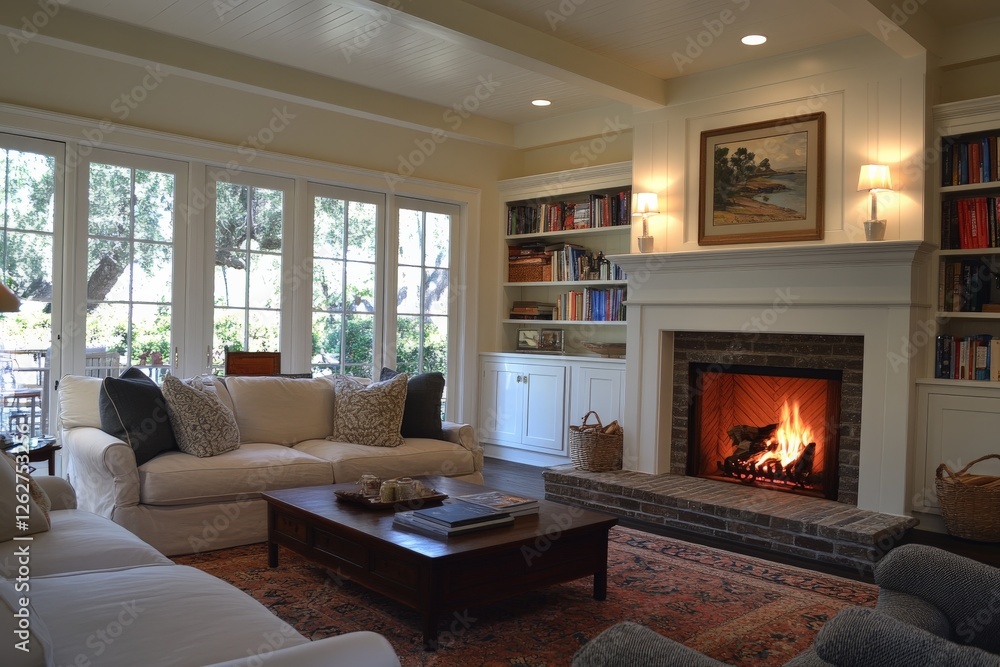 Fototapeta premium Cozy living room with a fireplace and natural light featuring a view of the outdoors and warm decor