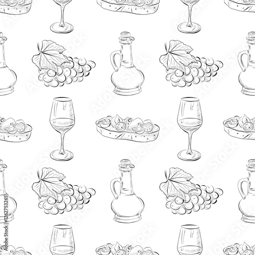 vector seamless pattern line art elements - food, bruschetta, wine, grapes, oil