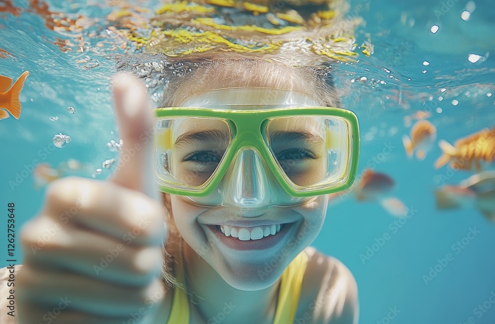 Fototapeta premium a girl wearing yellow and green scuba gear, underwater in the sea with tropical fish, giving a thumbs up, with vibrant colors