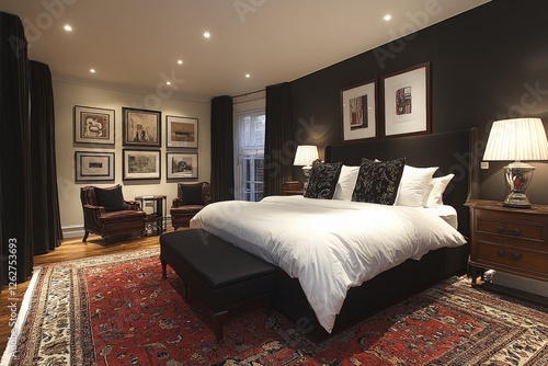 Cozy bedroom with elegant decor featuring dark walls, plush bedding, and artful accents in a luxurious home setting photo