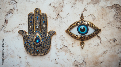 Hamsa hand and  boho eye amulet with protective symbolism on textured background
