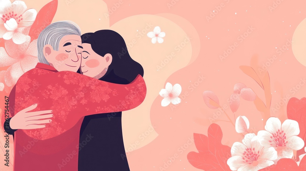 Elderly father and daughter embracing amidst blossoming flowers. Elderly father and daughter embracing amidst blossoming flowers.