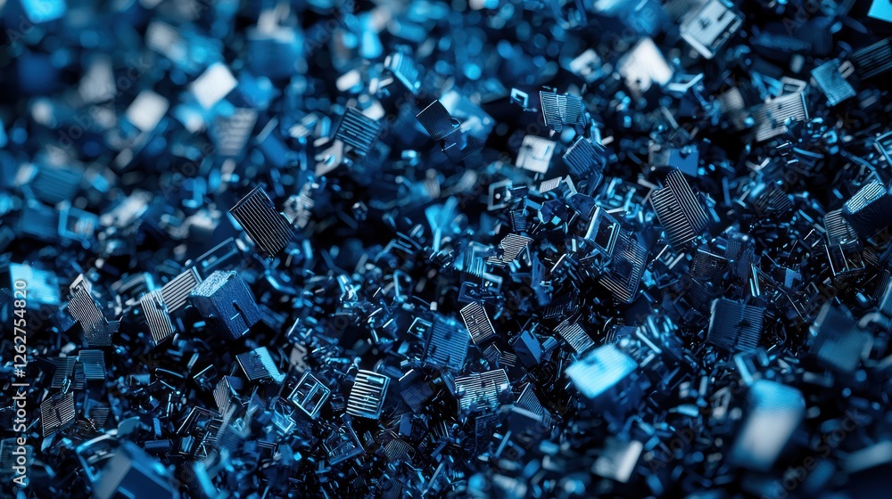 Blue metallic cubes falling, dark background, industrial recycling Blue metallic cubes falling, dark background, industrial recycling