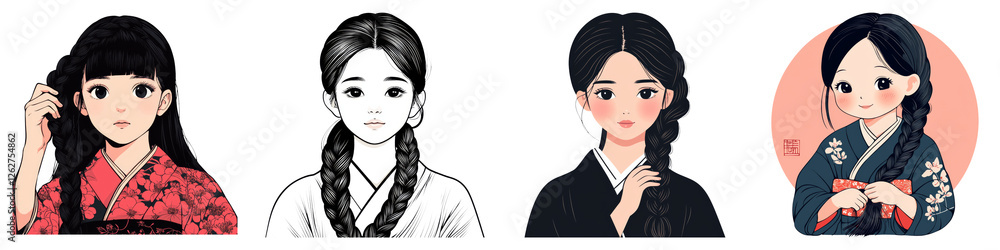 ancient Japan girl and Clipart concept. Four illustrated women in traditional attire showcasing different styles and expressions. on Transparent background. ancient Japan girl and Clipart concept. Four illustrated women in traditional attire showcasing different styles and expressions. on Transparent background.