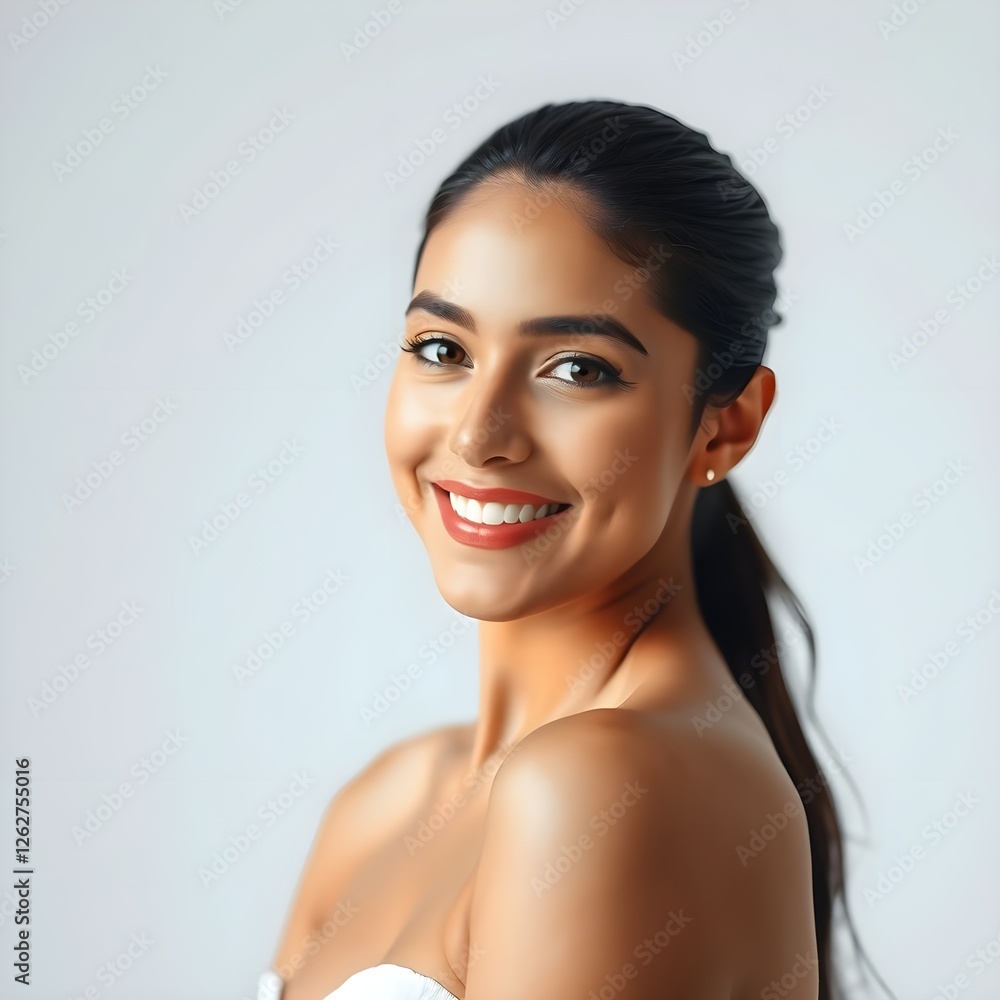 Se ve a una hermosa mujer hispana con cara sonriente parada sola frente a un fondo limpio. Se ve a una hermosa mujer hispana con cara sonriente parada sola frente a un fondo limpio.