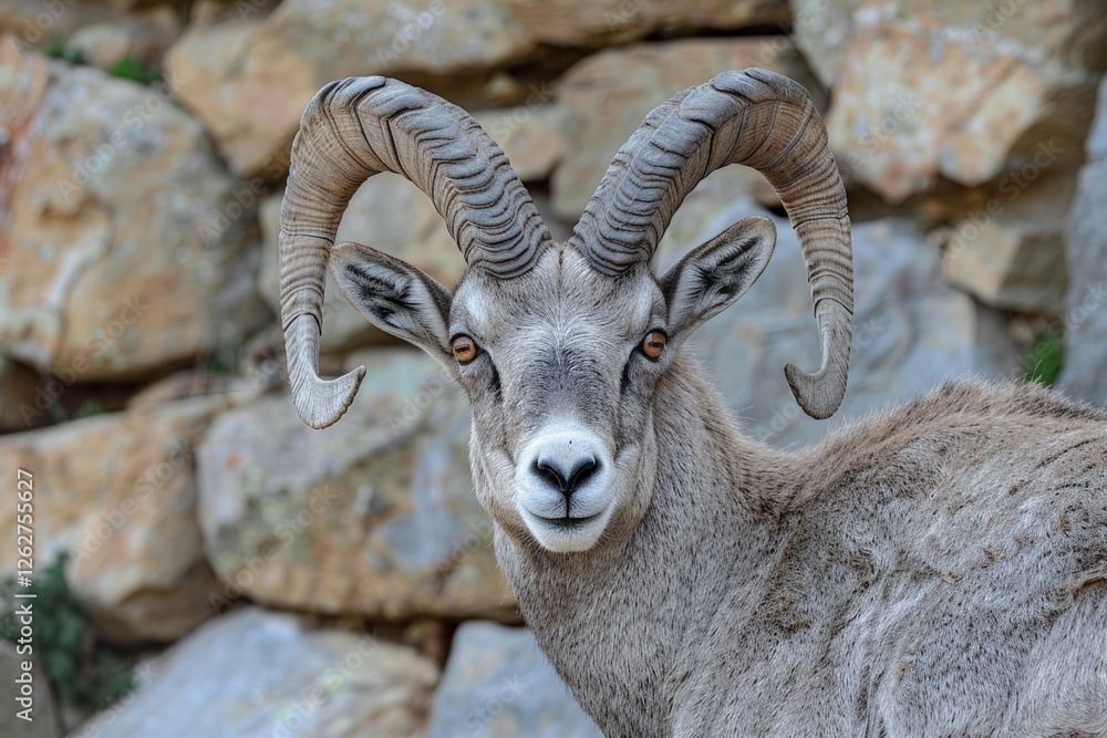 Close-up portrait mature Pyrenean Ibex against rocky background, focusing on distinctive horns with layered texture, intense gaze, detailed fur, showcasing resilience adaptation rugged mountain. Close-up portrait mature Pyrenean Ibex against rocky background, focusing on distinctive horns with layered texture, intense gaze, detailed fur, showcasing resilience adaptation rugged mountain.