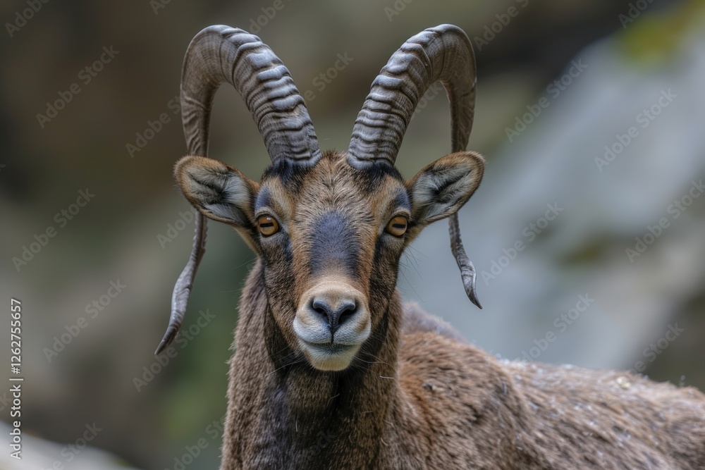 Close-up Pyrenean Ibex with prominent horns and intense gaze, surrounded by natural rock formations, textured fur and rugged features of this extinct mountain species in its native habitat. Close-up Pyrenean Ibex with prominent horns and intense gaze, surrounded by natural rock formations, textured fur and rugged features of this extinct mountain species in its native habitat.