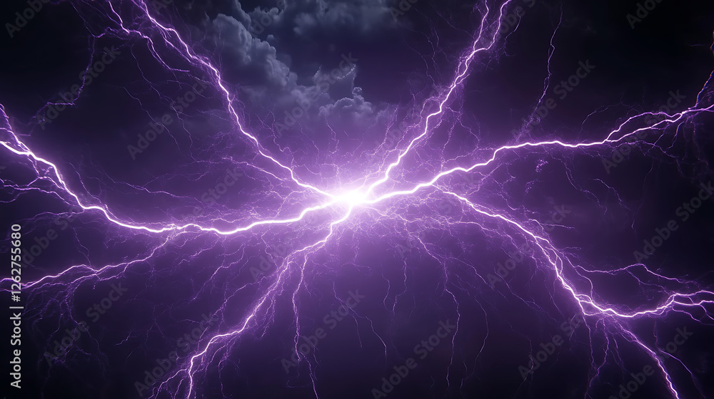 Powerful Display of Electrical Energy Lightning Strikes Illuminating Night Sky Purple Tinted Powerful Display of Electrical Energy Lightning Strikes Illuminating Night Sky Purple Tinted